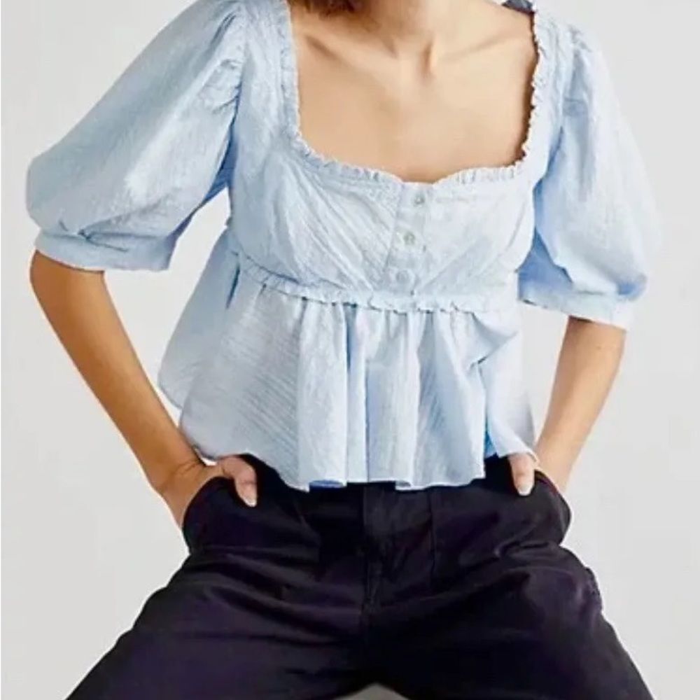 New Free People  Leave It To Me Blue Crop Top Blouse Button Boho S & XS  NWOT